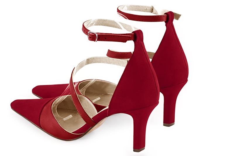 Cardinal red women's open side shoes, with snake-shaped straps. Tapered toe. High slim heel - Florence KOOIJMAN